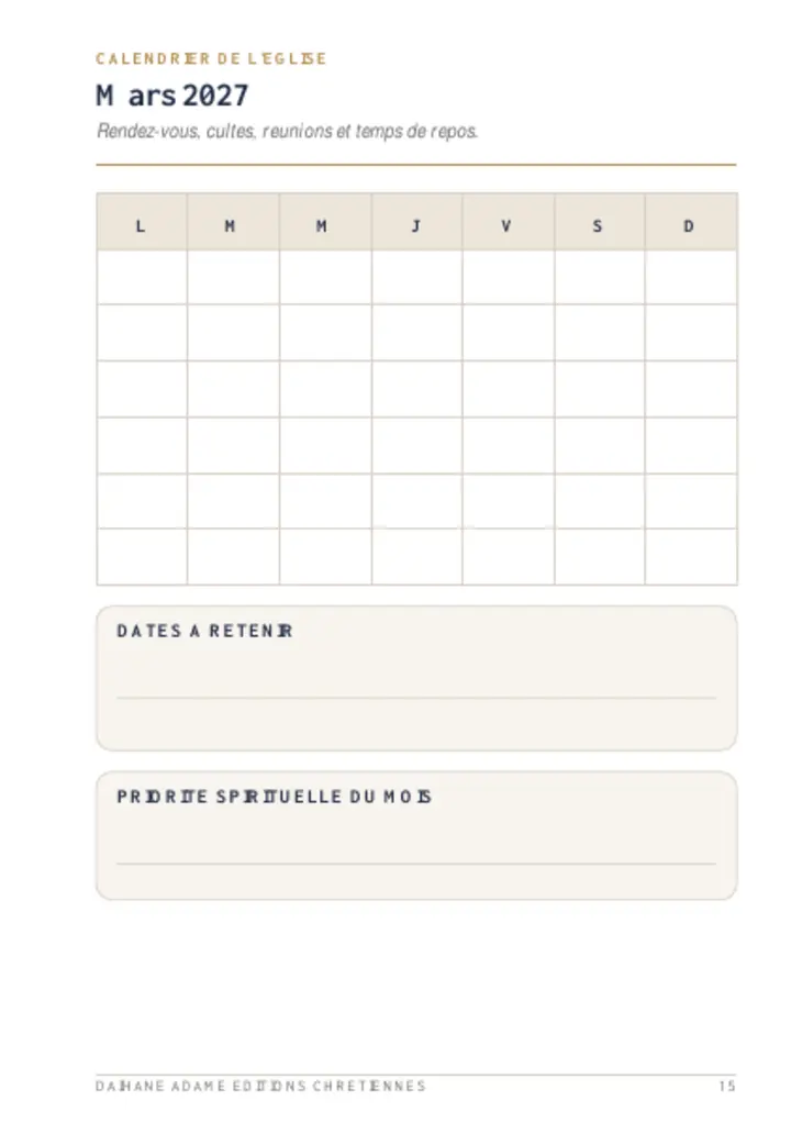 Page intérieure 3 du planner Église organisée