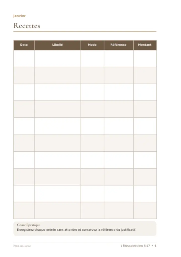 Page intérieure 1 du planner Trésorerie avec clarté