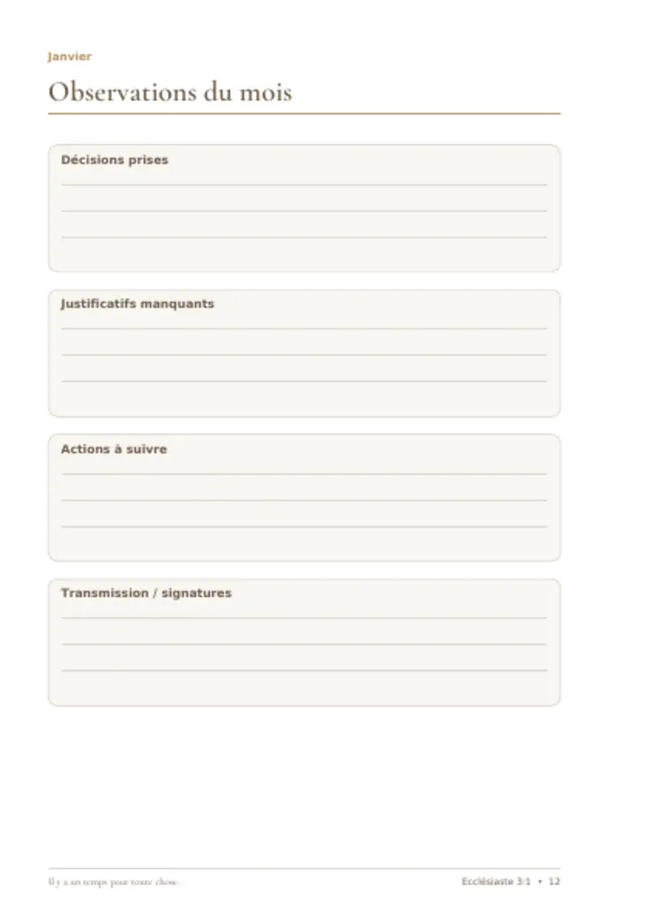 Page intérieure 2 du planner Trésorerie avec clarté