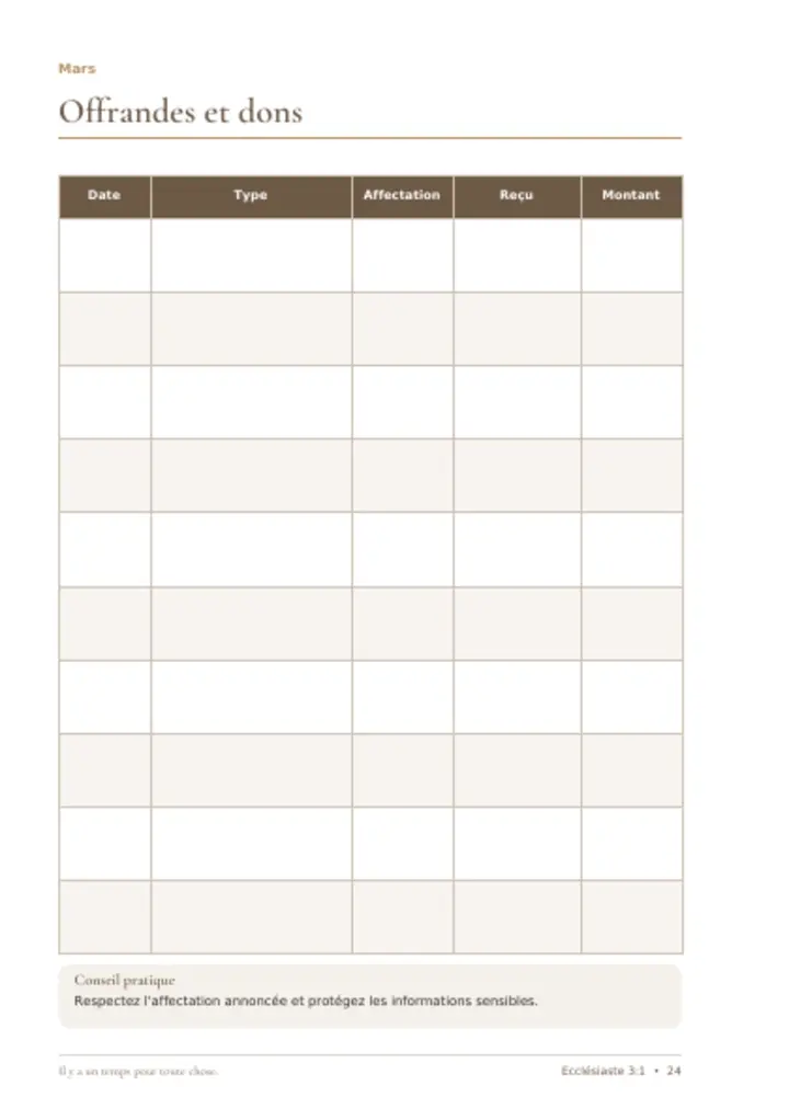 Page intérieure 3 du planner Trésorerie avec clarté