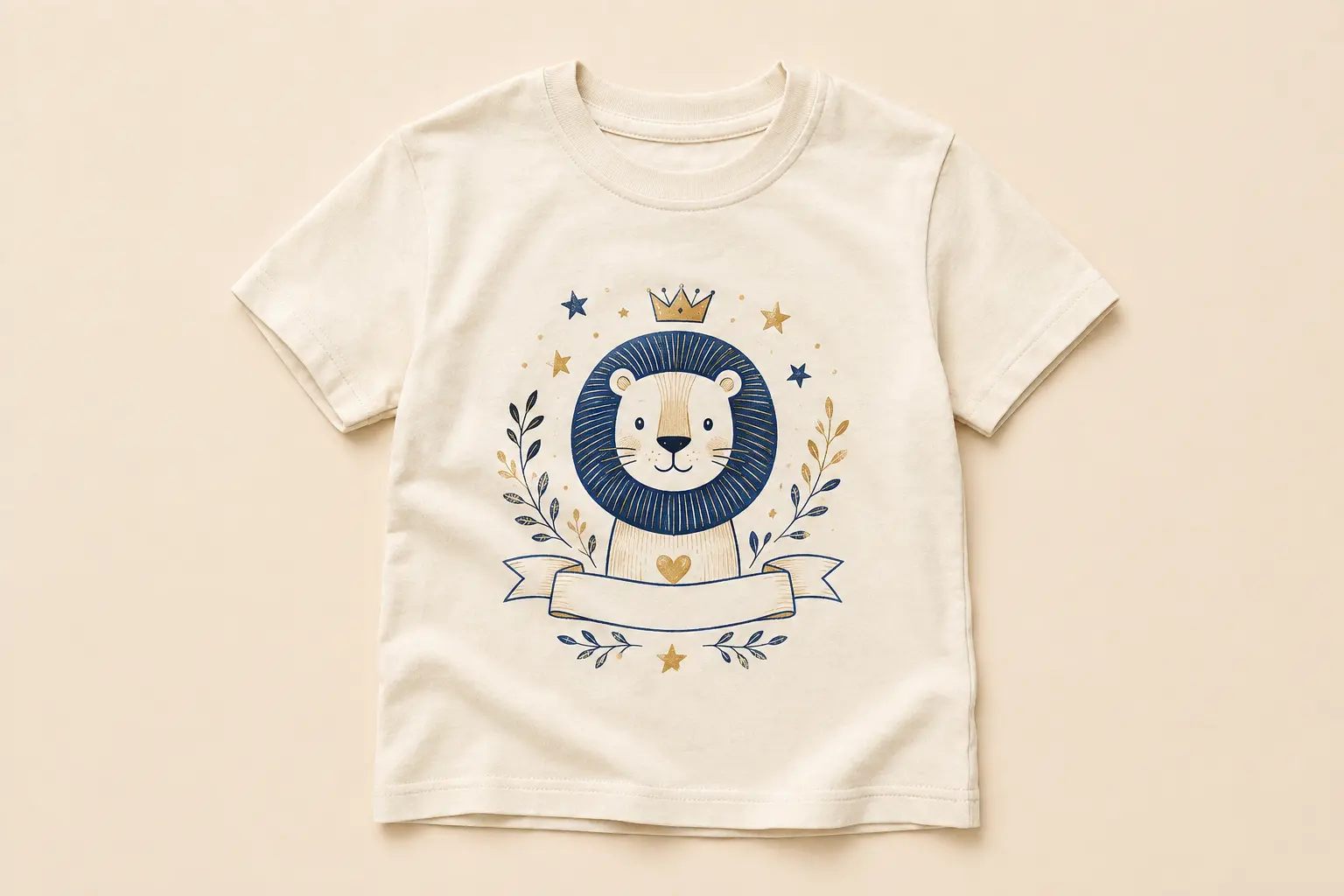 T-shirt enfant écru personnalisé avec lion bleu marine et doré