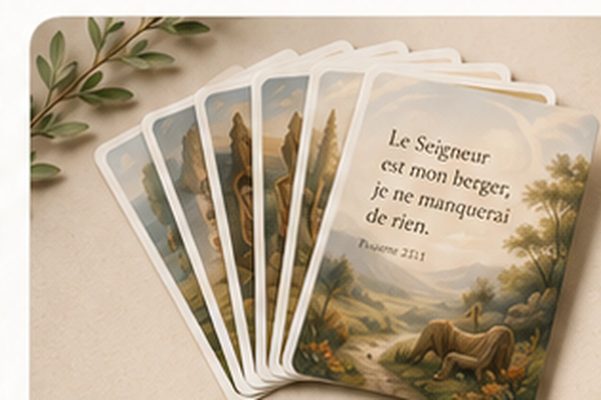 Jeu de cartes bibliques illustrées disposées en éventail