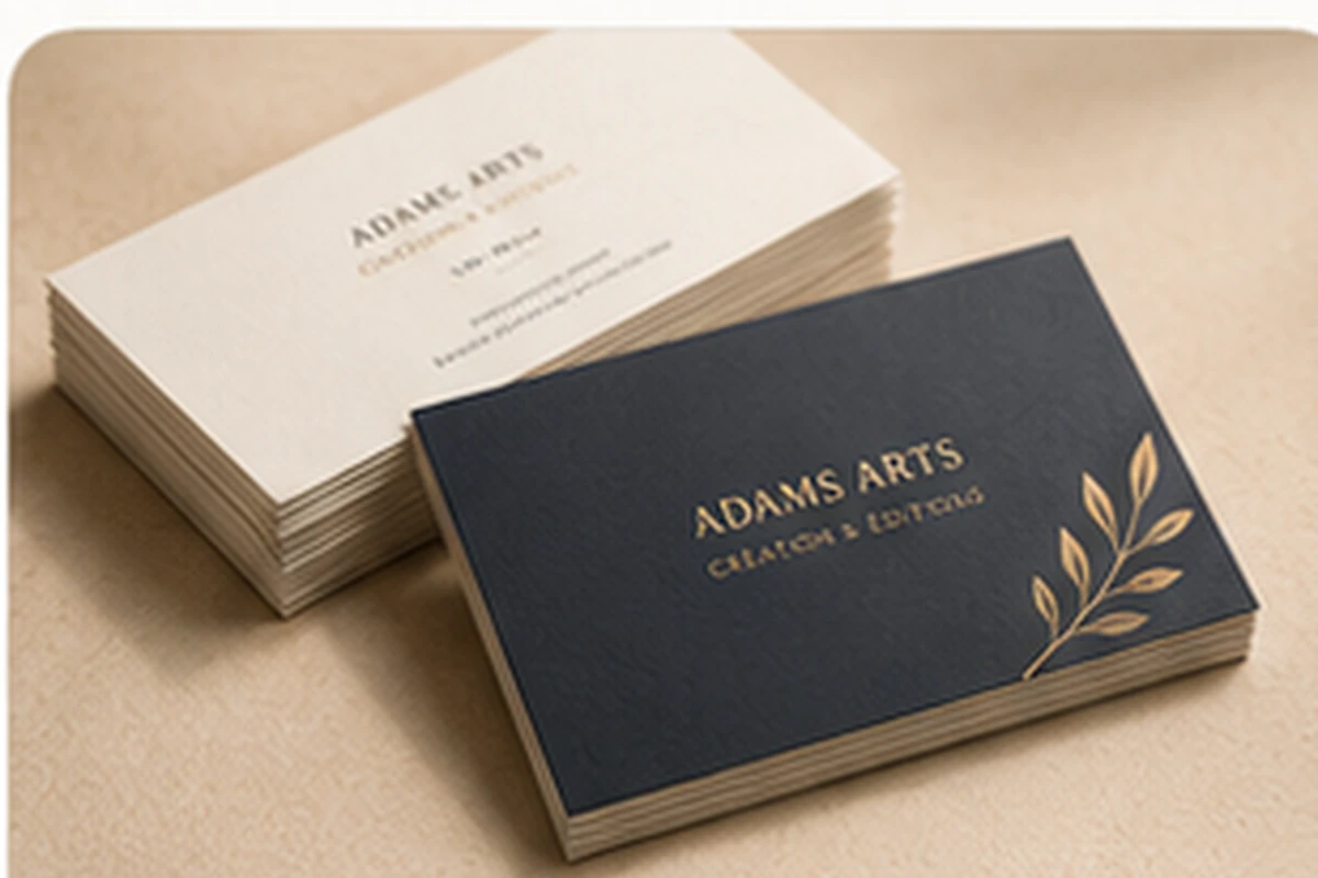 Cartes de visite Adams Arts bleu marine et doré présentées sur un fond beige