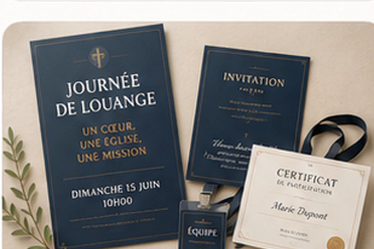 Kit coordonné pour événement d'église avec affiche, invitation, badge et certificat